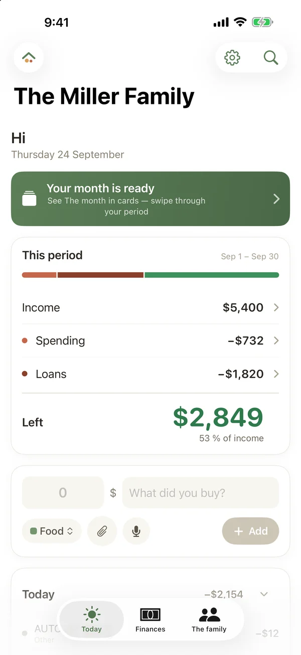 Famvy’s Today view in version 1.3: the period with income, spending, loans and what’s left