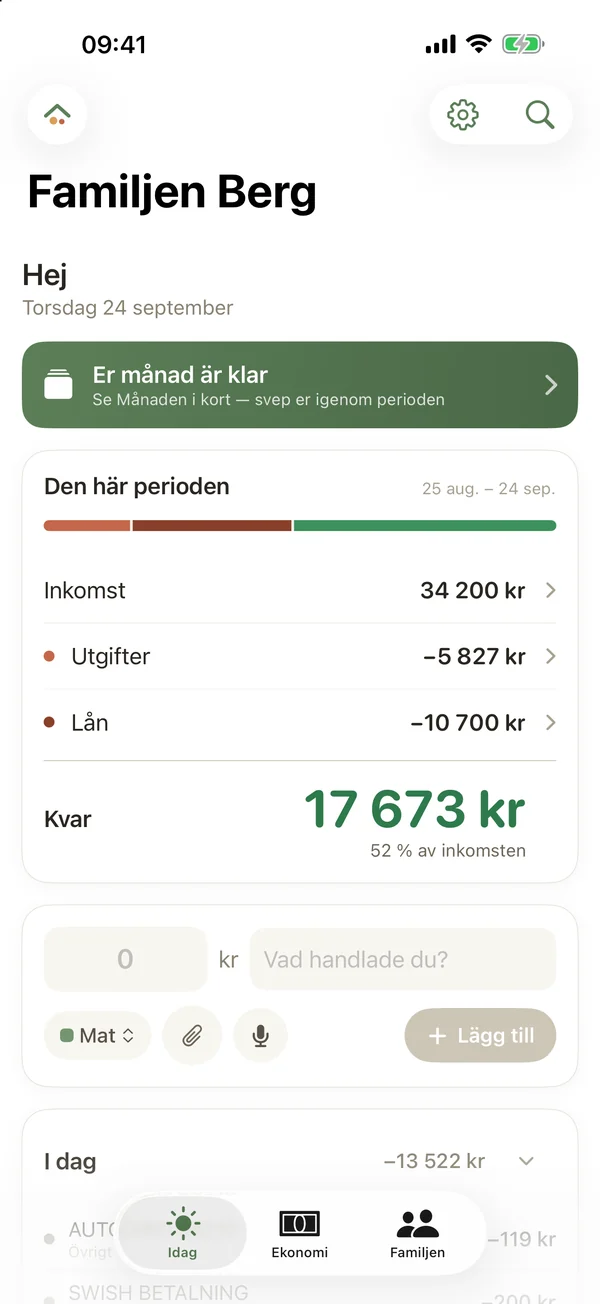 Famvys Idag-vy i version 1.3: perioden med inkomst, utgifter, lån och kvar